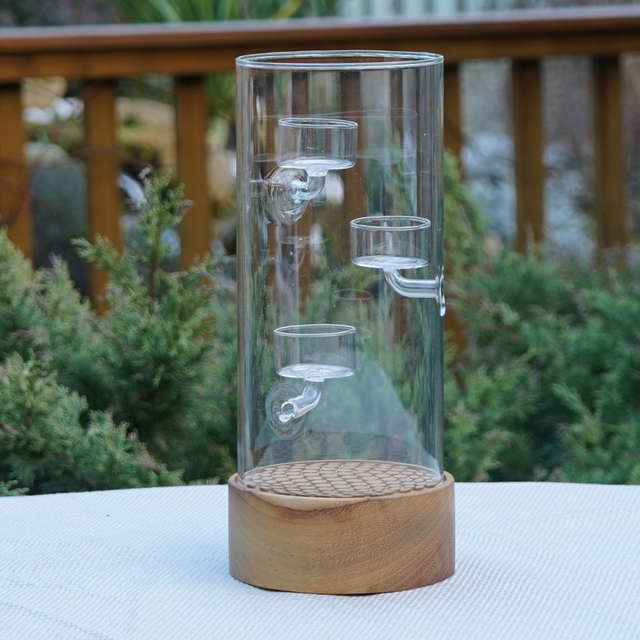 Large Pebbled Wood & Glass Candle Holder – Triple Tealight Display with Glass Cylinder