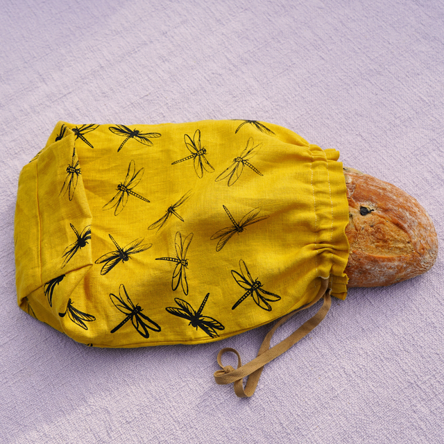 Linen Bread Bag – Dragonfly Hand Printed Bread Storage Mustard | Byard’s Boutique
