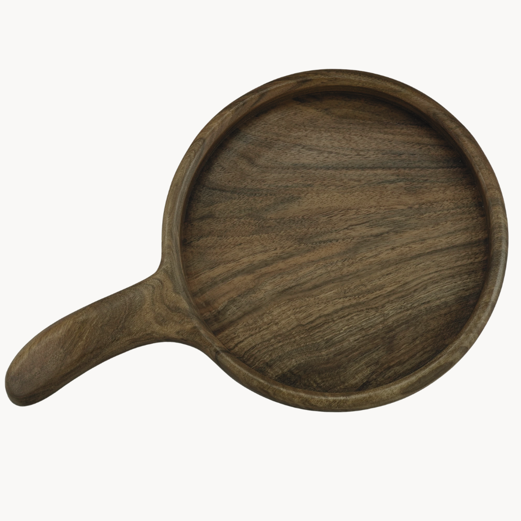 Wooden walnut serving tray with handle on a white background