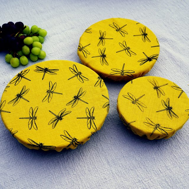Linen Bowl Covers Set of 3 – Dragonfly Hand Printed Reusable Bowl Covers Mustard