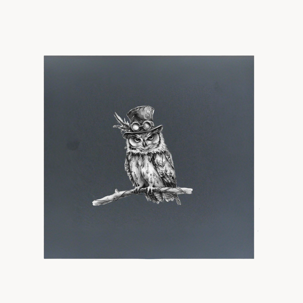 Illustration of an owl wearing a top hat on a dark background