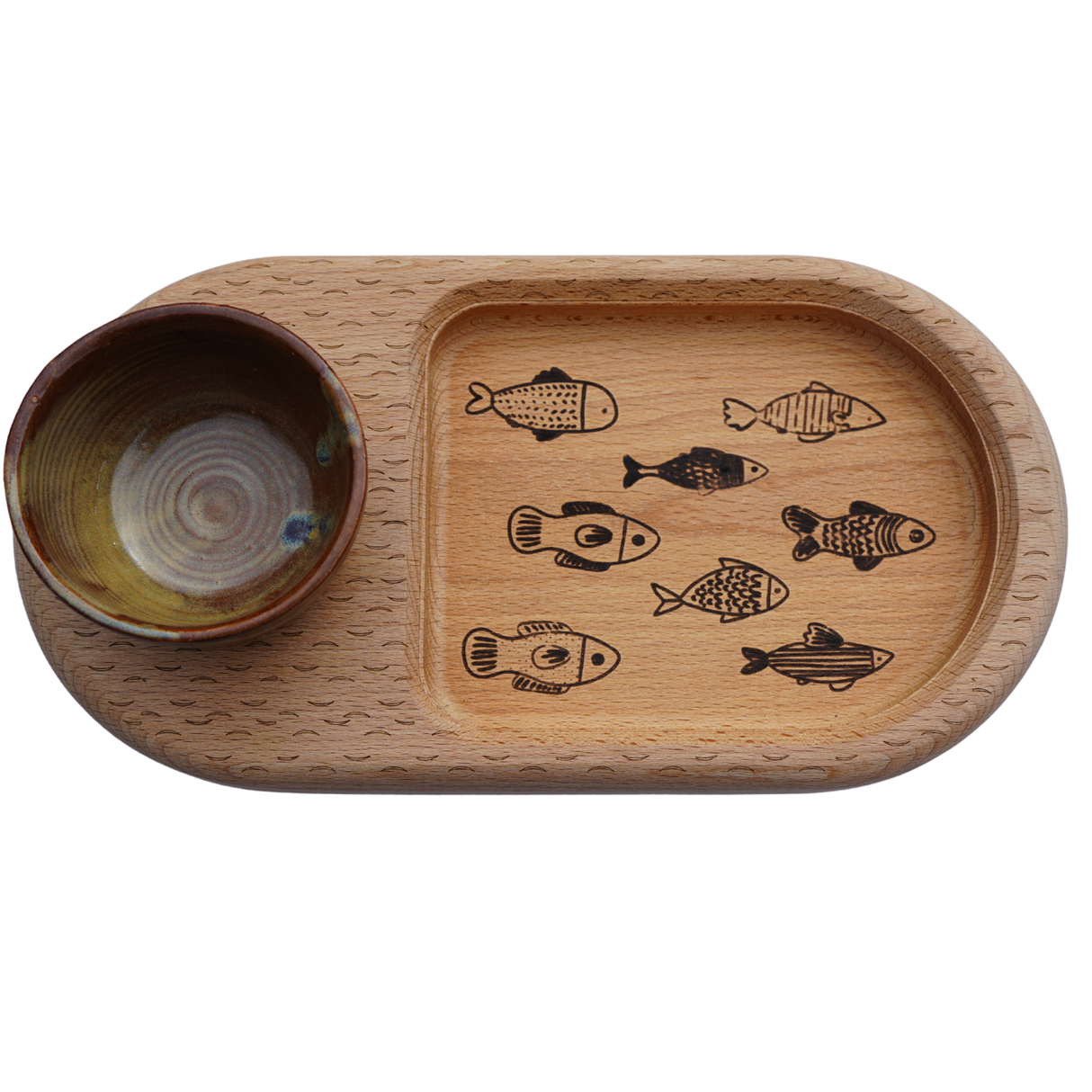 Wooden tray with fish illustrations and a small bowl on a white background