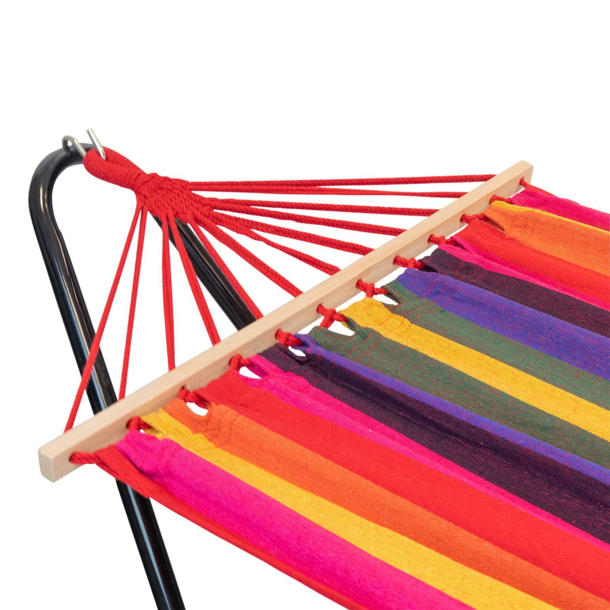 Colorful striped hammock with wooden bars on a white background