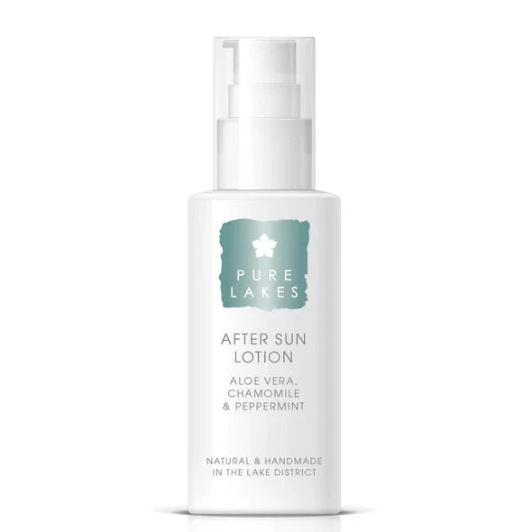 White bottle of 'Pure Lashes' after sun lotion on a white background