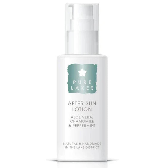 White bottle of 'Pure Lashes' after sun lotion on a white background
