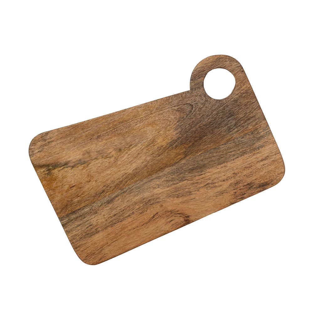 Wooden cutting board with a handle on a white background