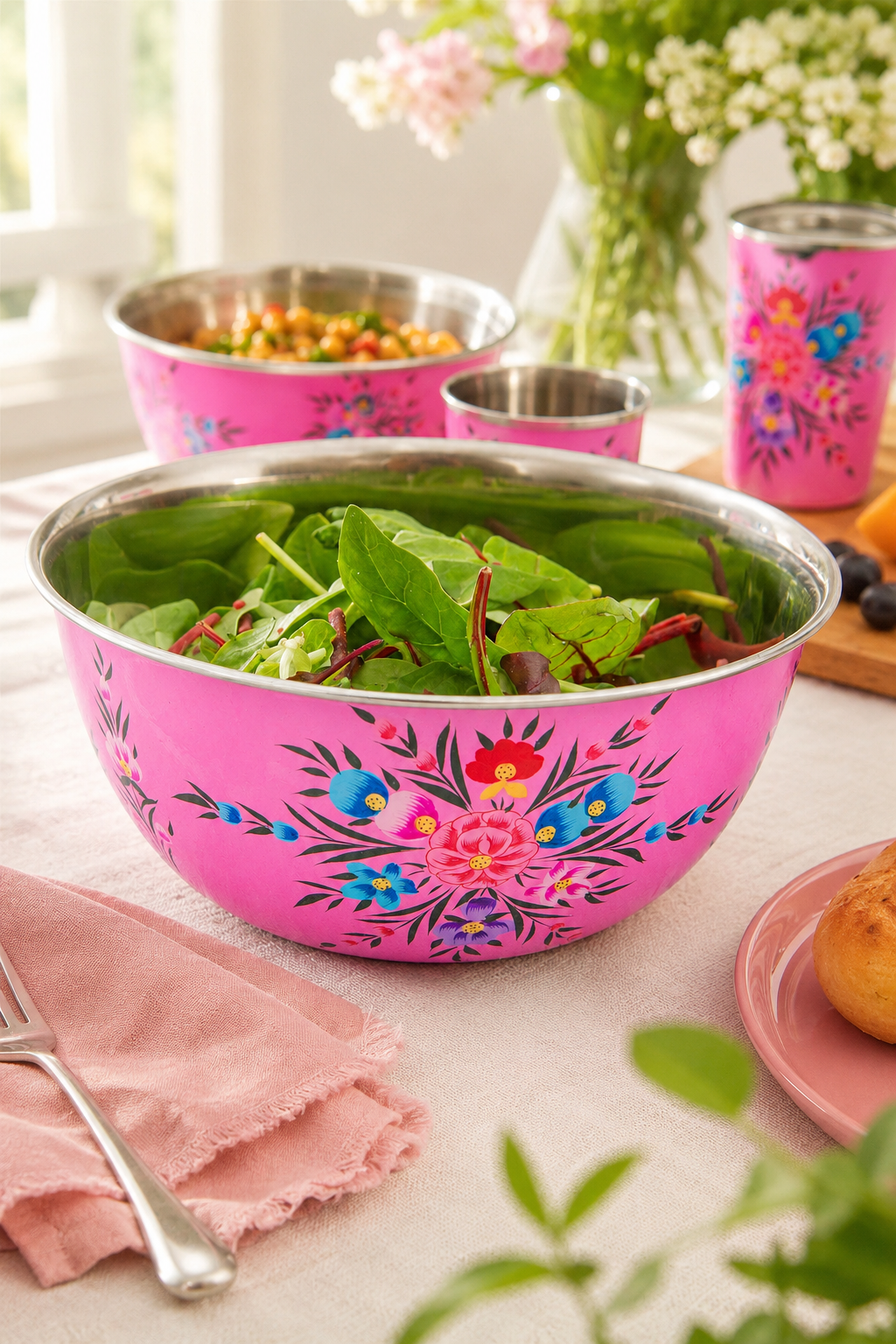 Hand Painted Pansy Stainless Steel Picnic Bowl – Raspberry