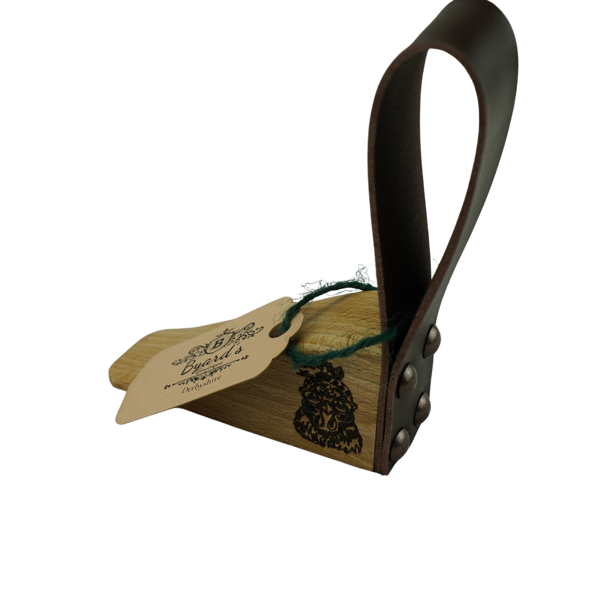 Oak Doorstop with leather handle and chicken wearing glasses engraving