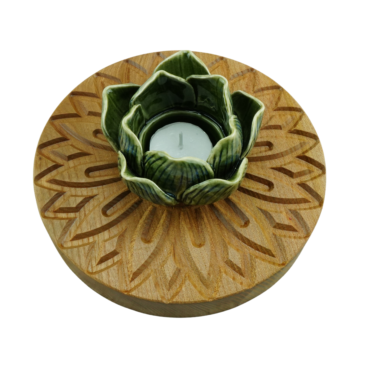 Decorative candle holder with green ceramic base and wooden base on a white background
