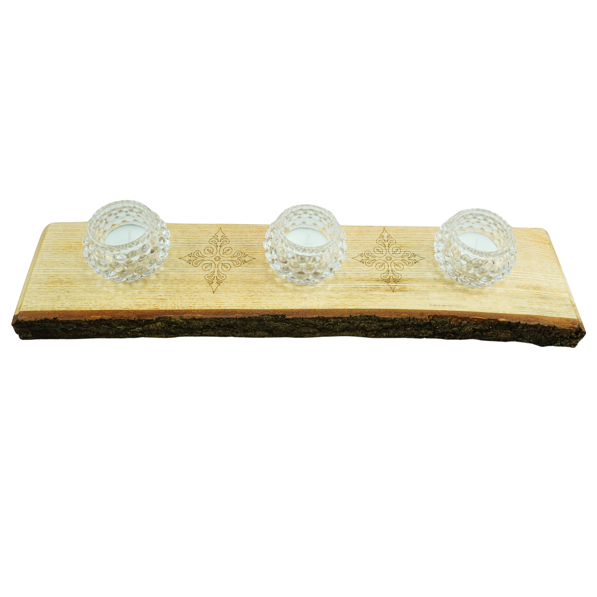 Wooden board with three glass candle holders on a white background