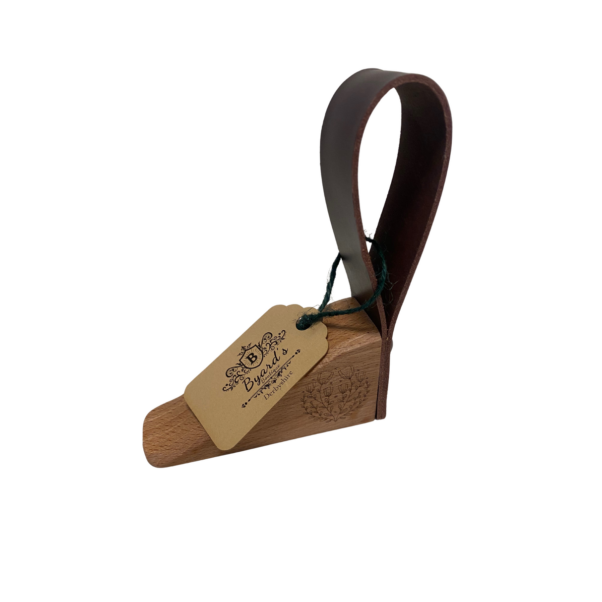 Oak Doorstop with leather handle and botanical detailing