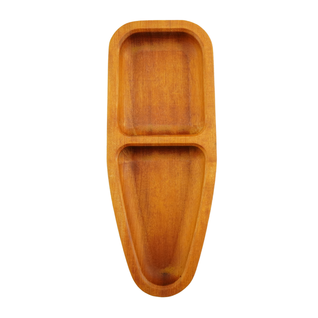 Wooden tray with two compartments on a white background