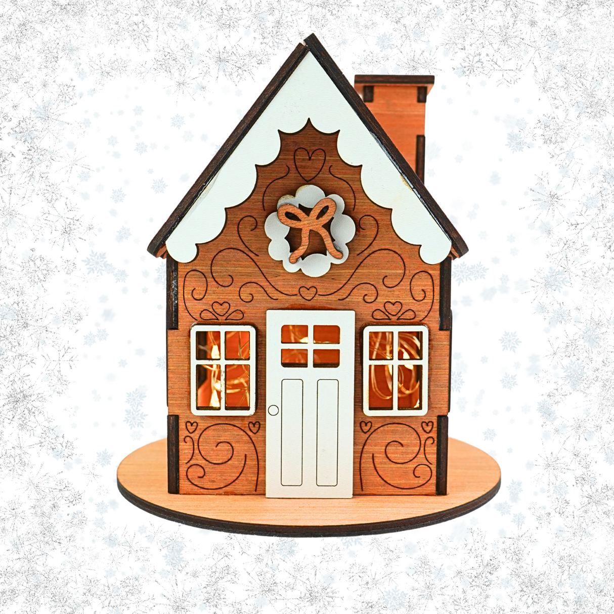 Wooden Christmas Gingerbread House for LED Candle Light - Wooden House with White detail