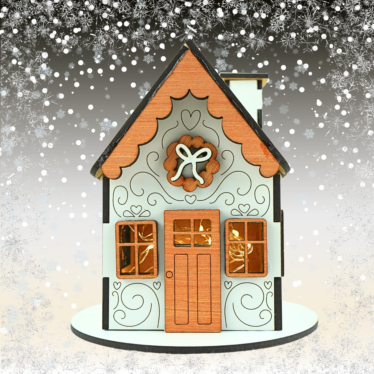 Wooden Christmas Gingerbread House for LED Candle Light - White House with Wooden detail