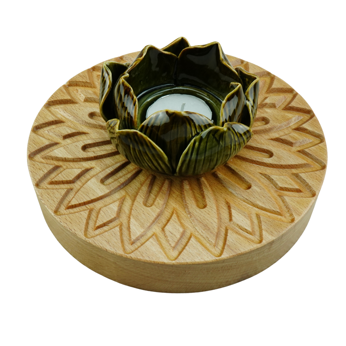 Floral Wooden Candle Holder | Flower Ceramic Tealight Sage/Brown