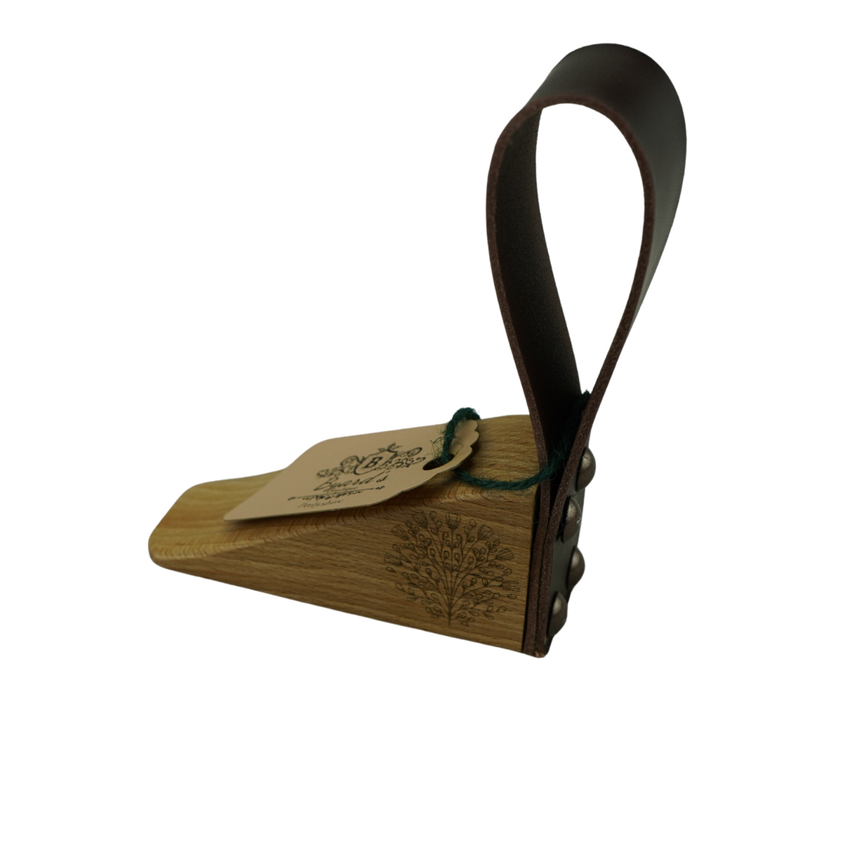 Oak Doorstop with leather handle and floral bouquet engraving