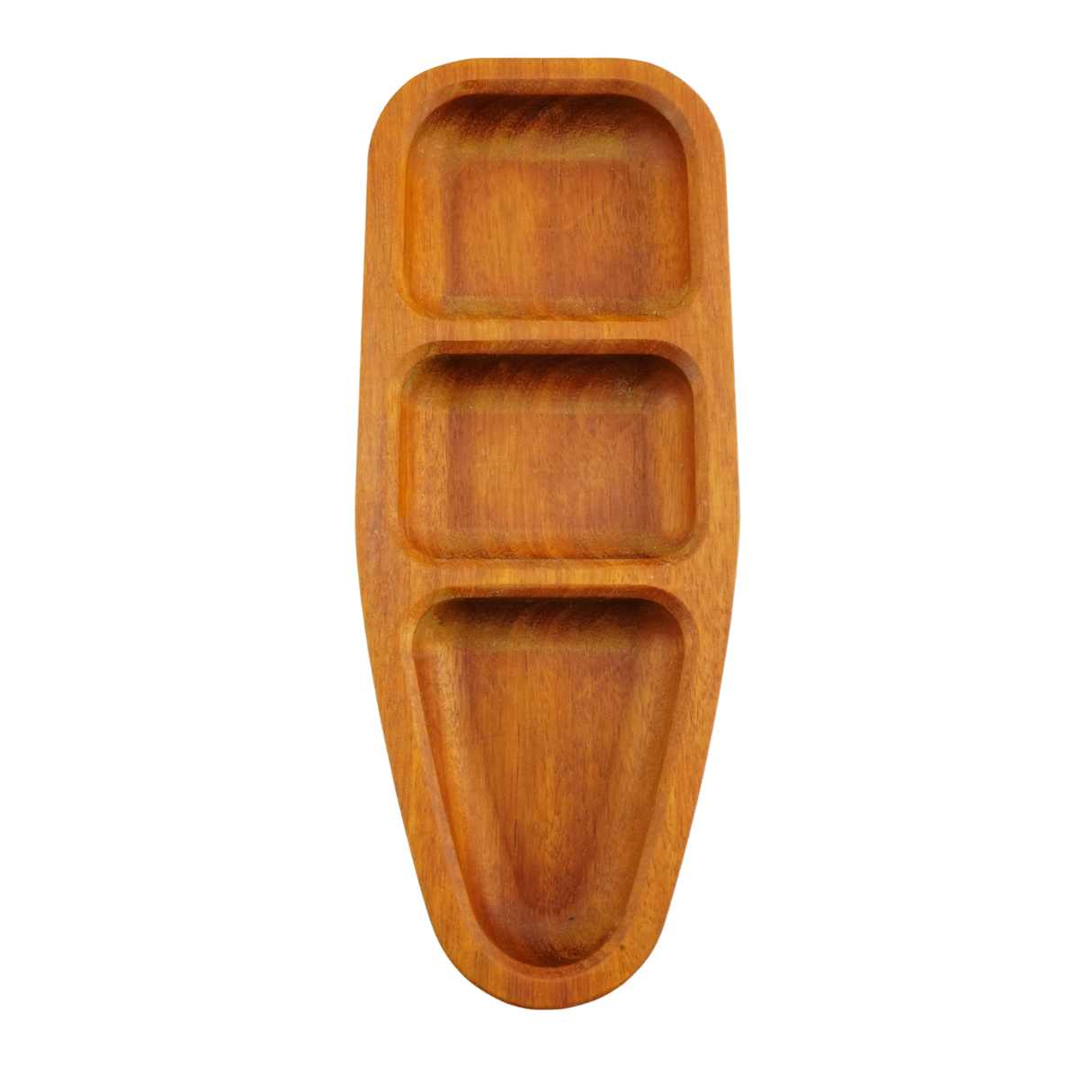 Wooden tray with three compartments on a white background