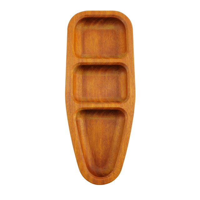 Wooden tray with three compartments on a white background