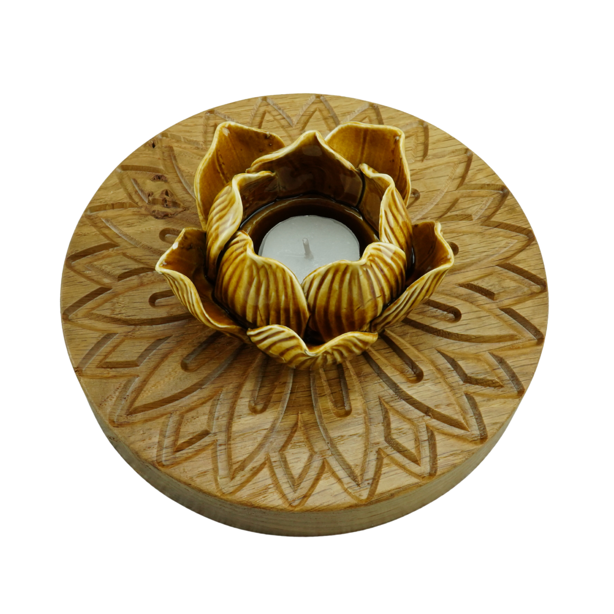 Wooden candle holder with floral design on a white background