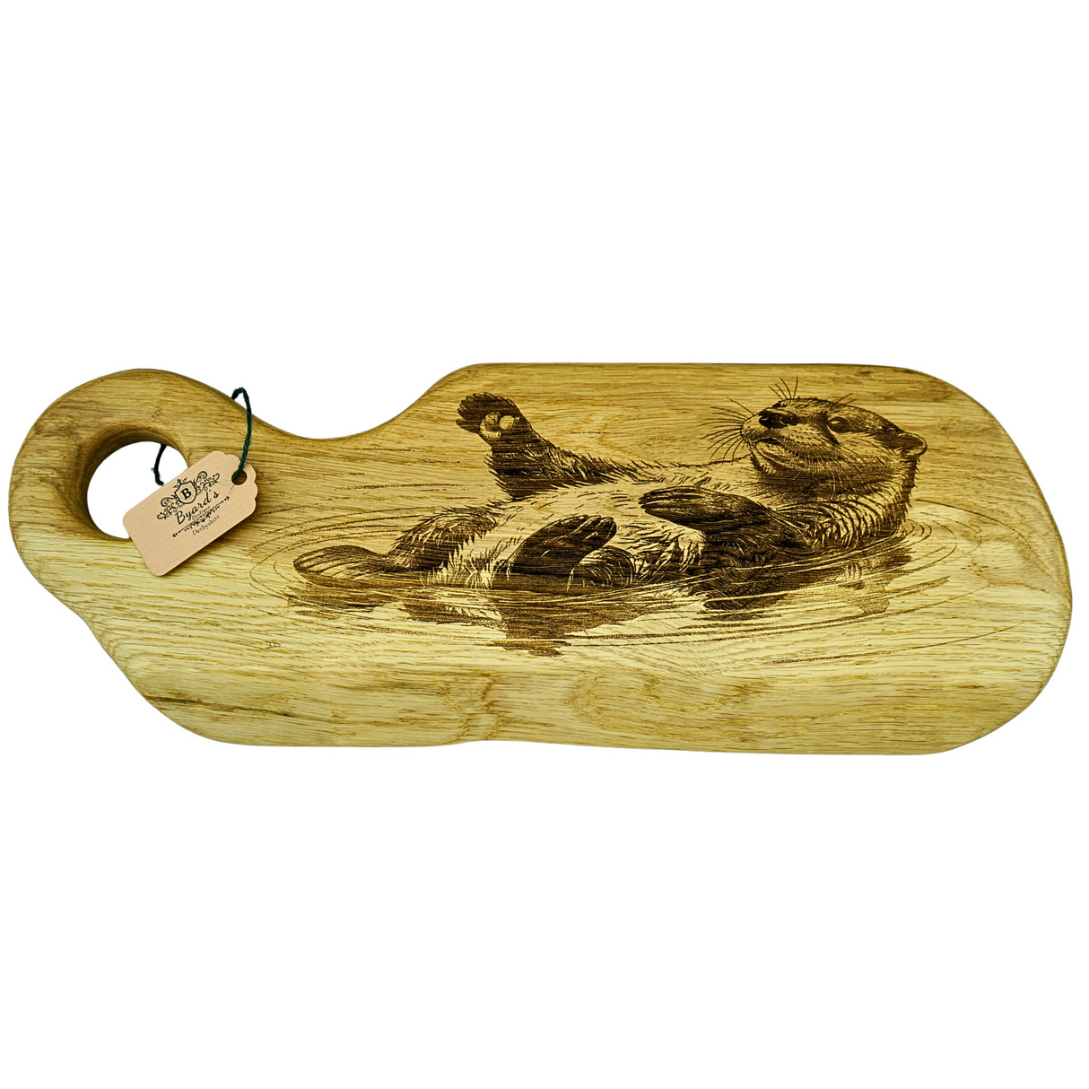 Wooden cutting board with engraved design of otter on a white background
