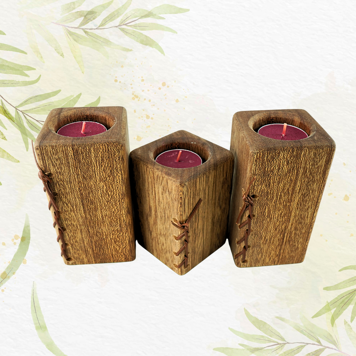 Three Oak Pillar Tea Candle Holders with leather lace detail
