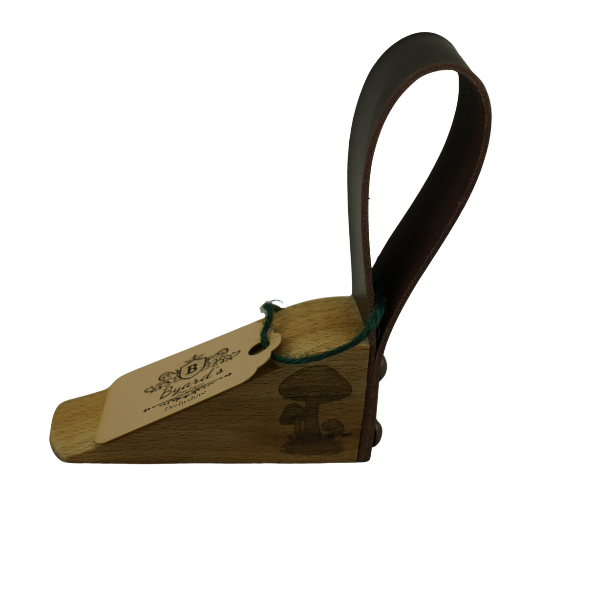 Oak Doorstop with leather handle and three mushrooms engraving