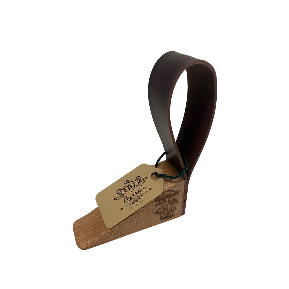 Oak Doorstop with leather handle and five mushrooms engraving