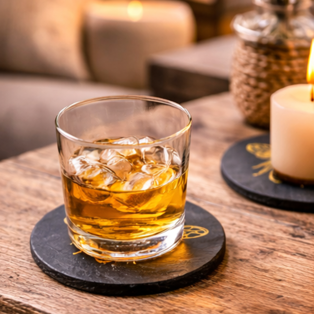 Glass of whiskey with ice on a coaster next to a candle on a wooden table.