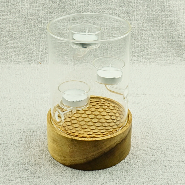 Small Pebbled Wood & Glass Candle Holder – Triple Tealight Display with Glass Cylinder