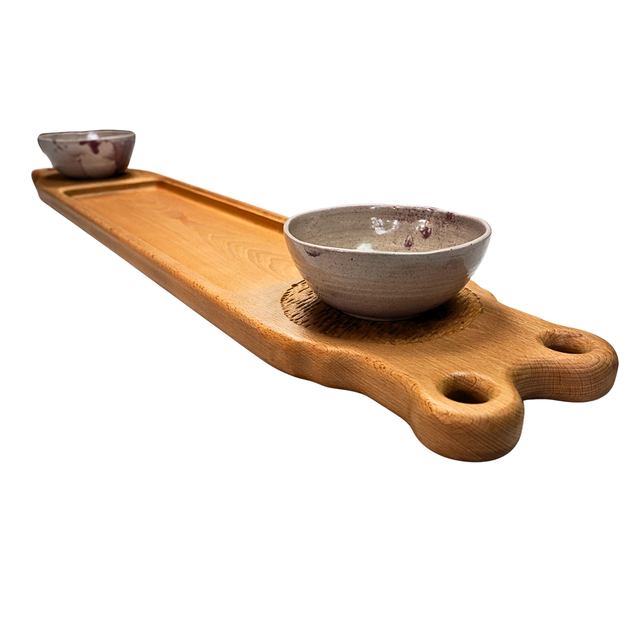 Ash Serving Board with Stoneware Pots – One-of-a-Kind Handcrafted Display Piece