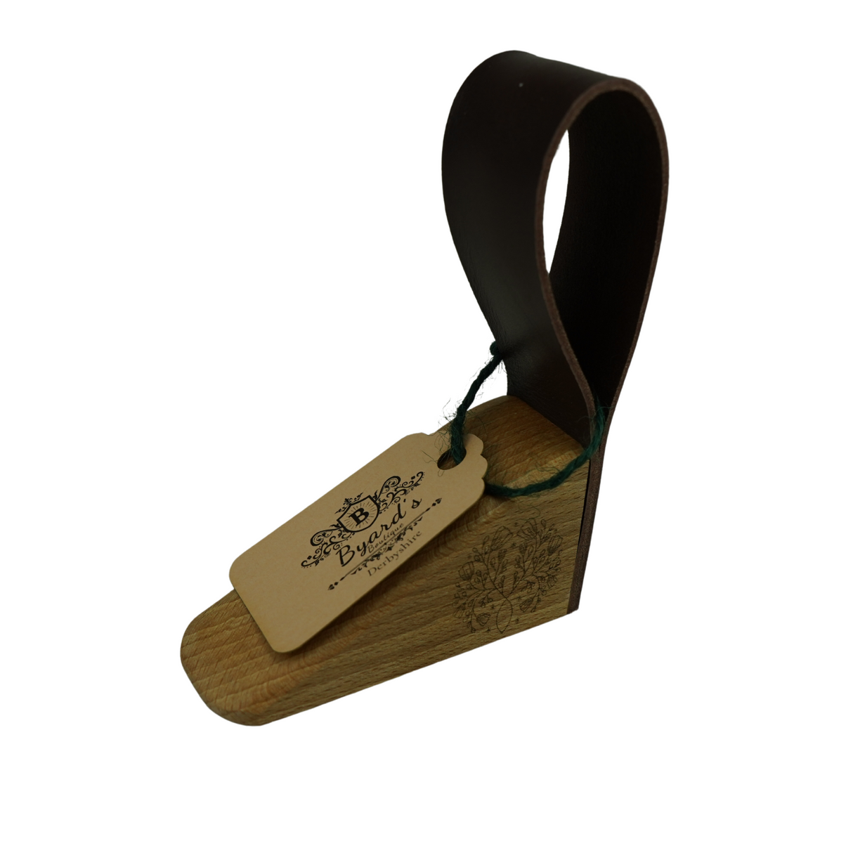 Oak Doorstop with leather handle and floral engraving