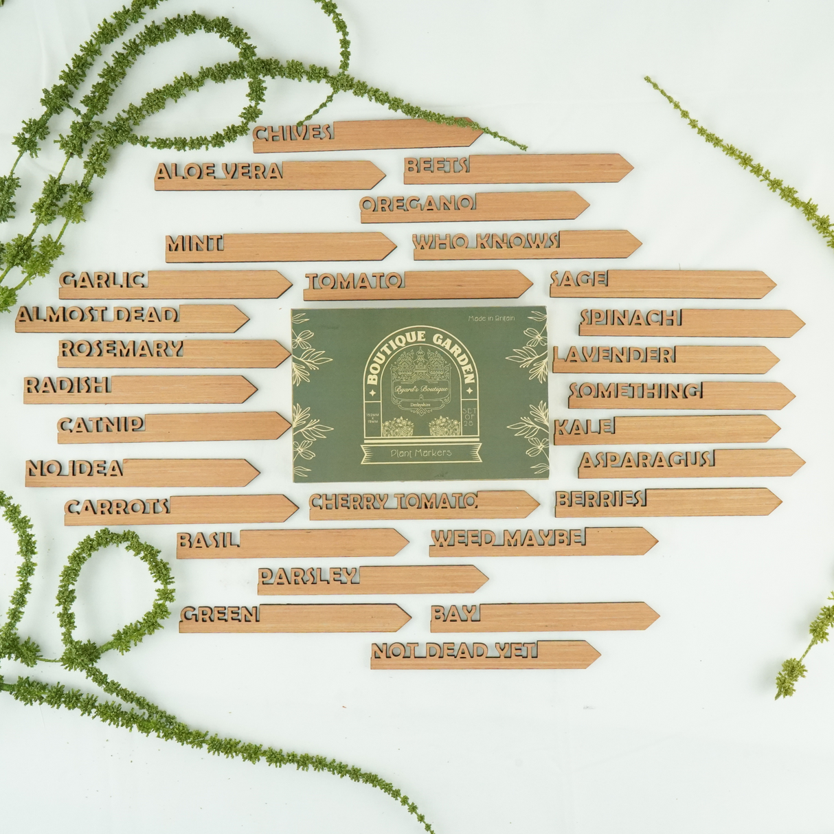 28 Laser-Cut Wooden Garden Markers: Mixed Classic and Comical Collection.