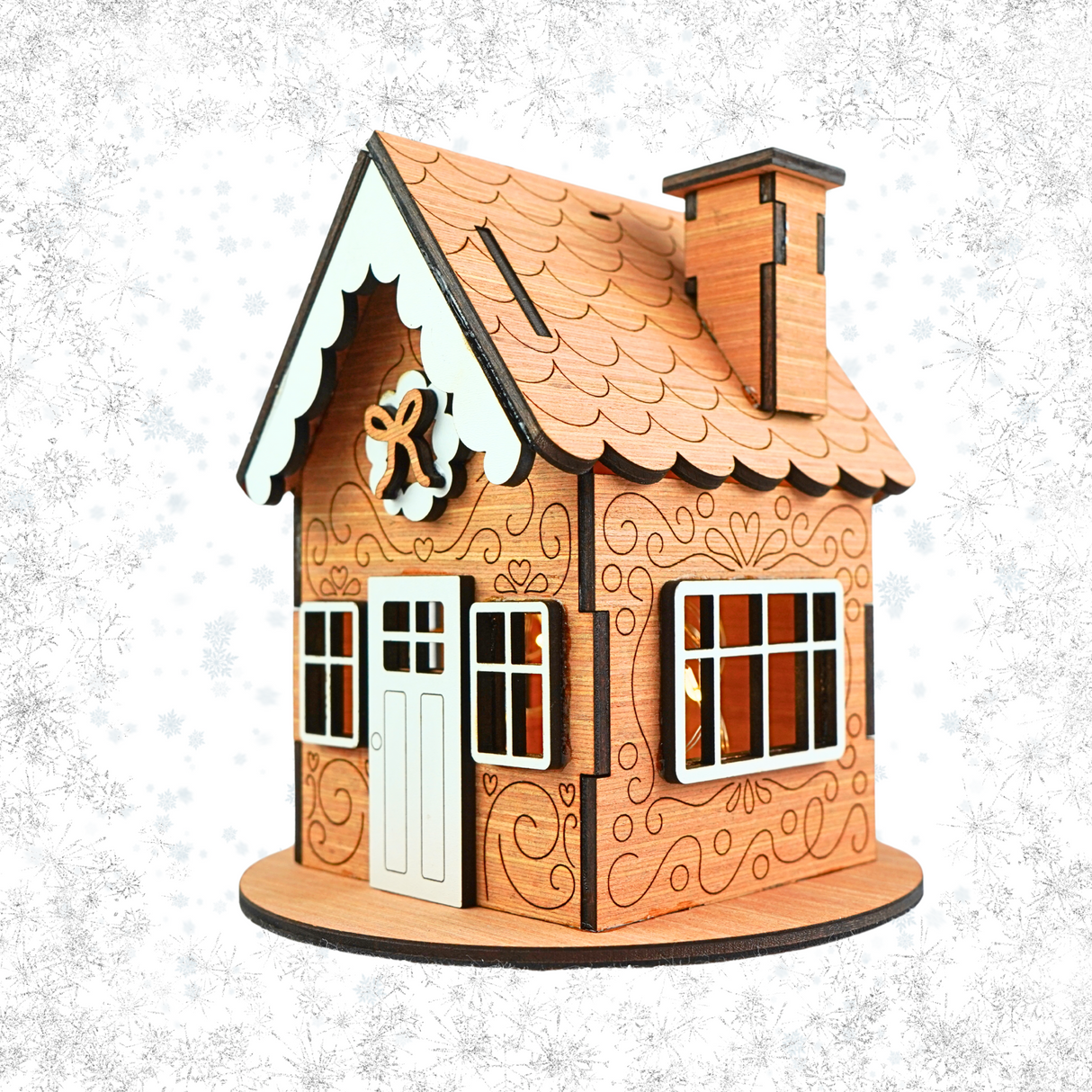 Wooden Christmas Gingerbread House for LED Candle Light - Wooden House with White detail