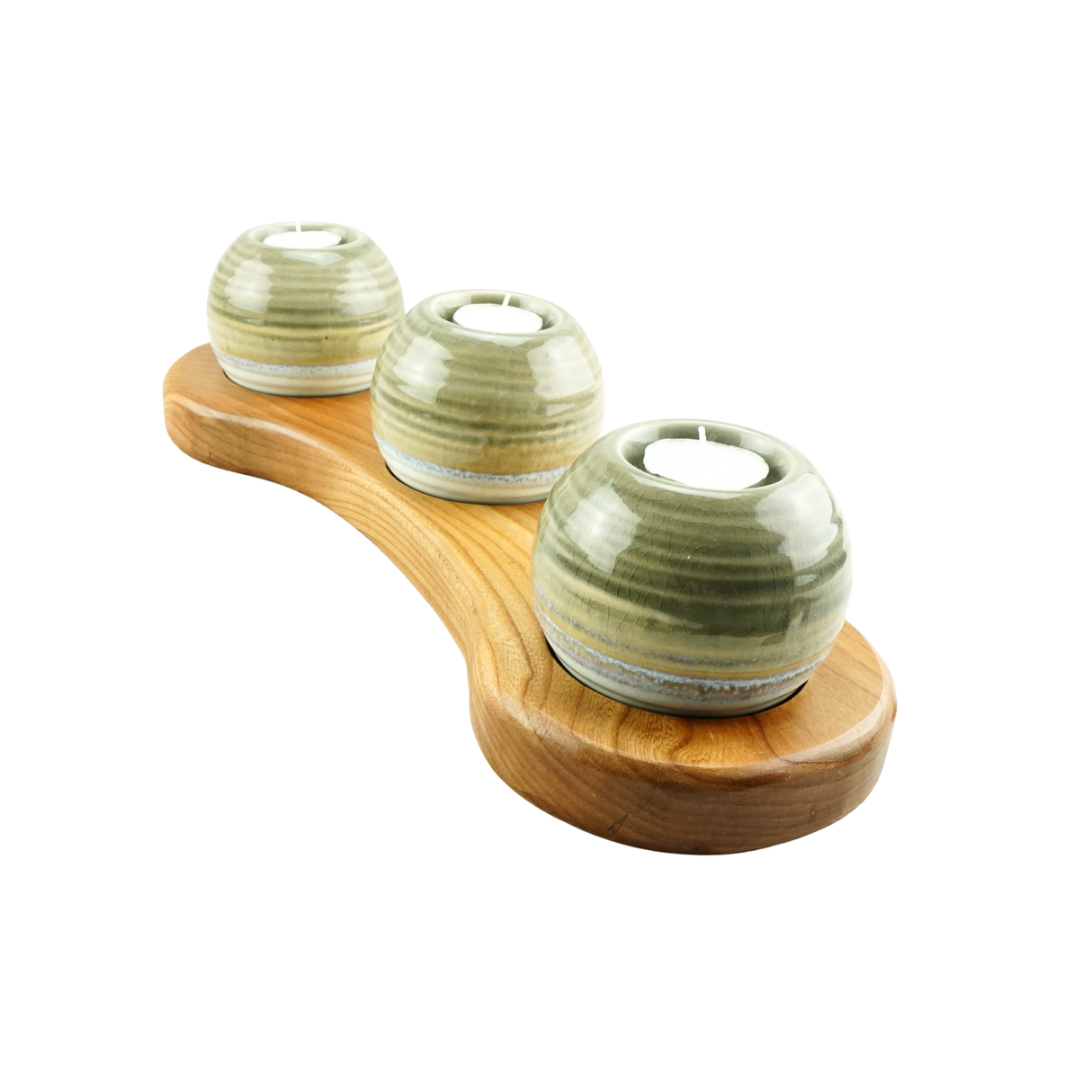 Wood and Ceramic Candle Holder Trio