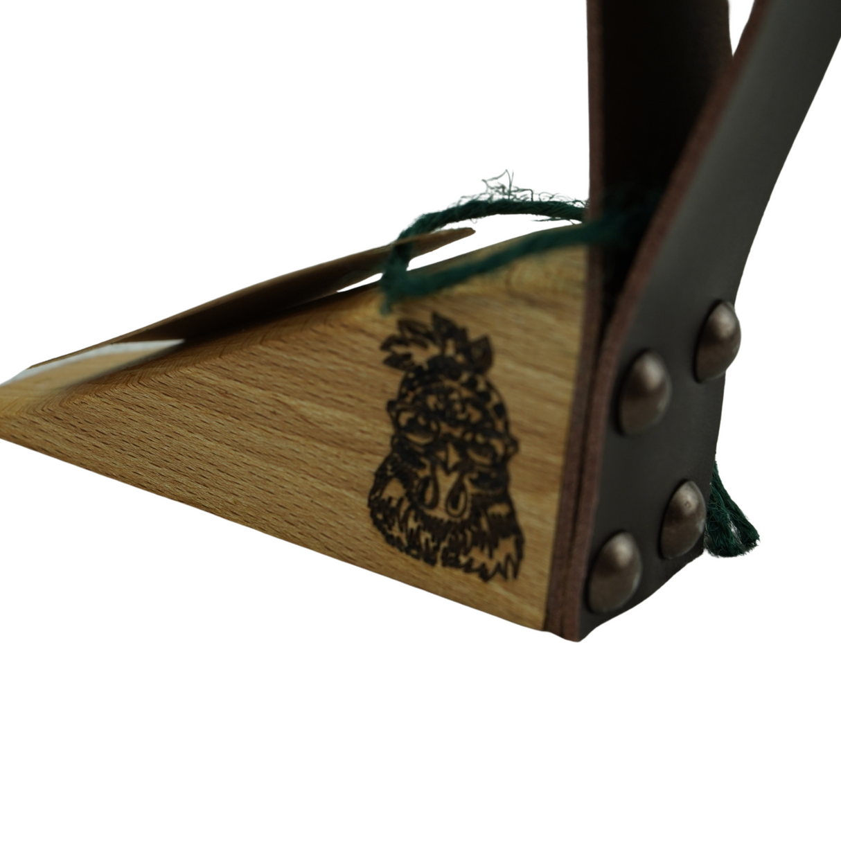 Oak Doorstop with leather handle and chicken wearing glasses engraving