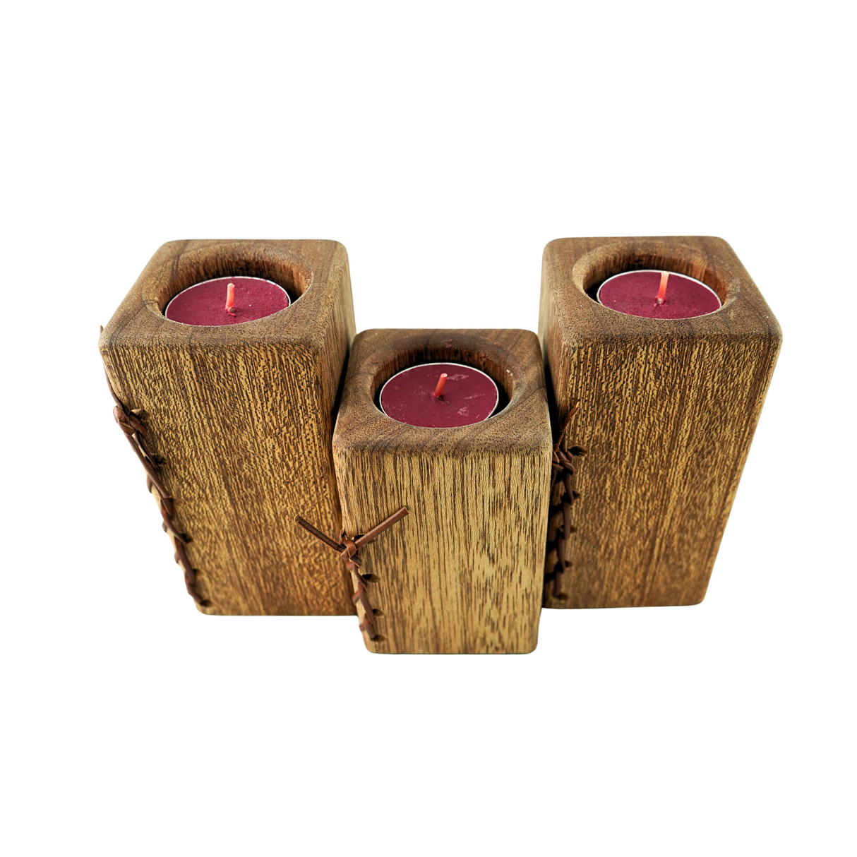 Three Oak Pillar Tea Candle Holders with leather lace detail