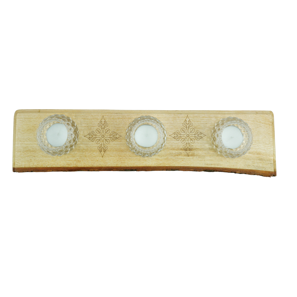 Live Edge Wooden Candle Holder – Engraved Wood Tealight Holder with Glass Dishes