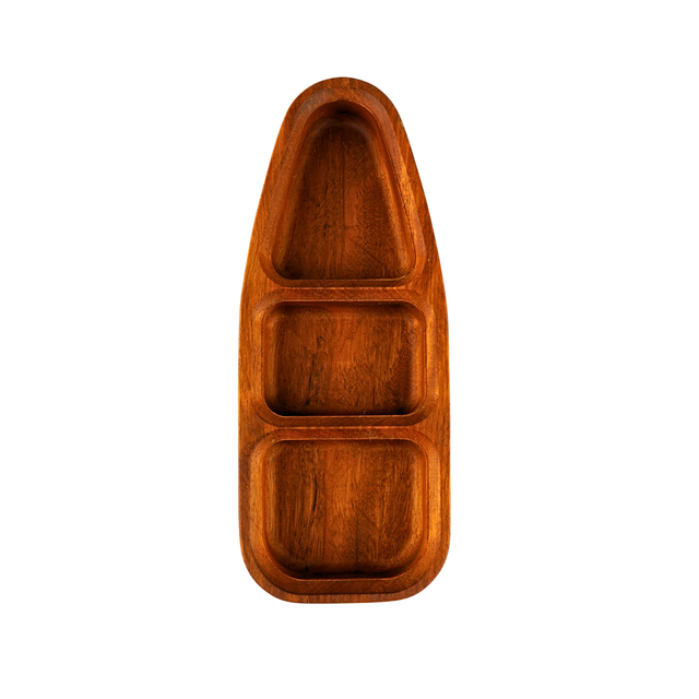 Wooden tray with compartments on a white background