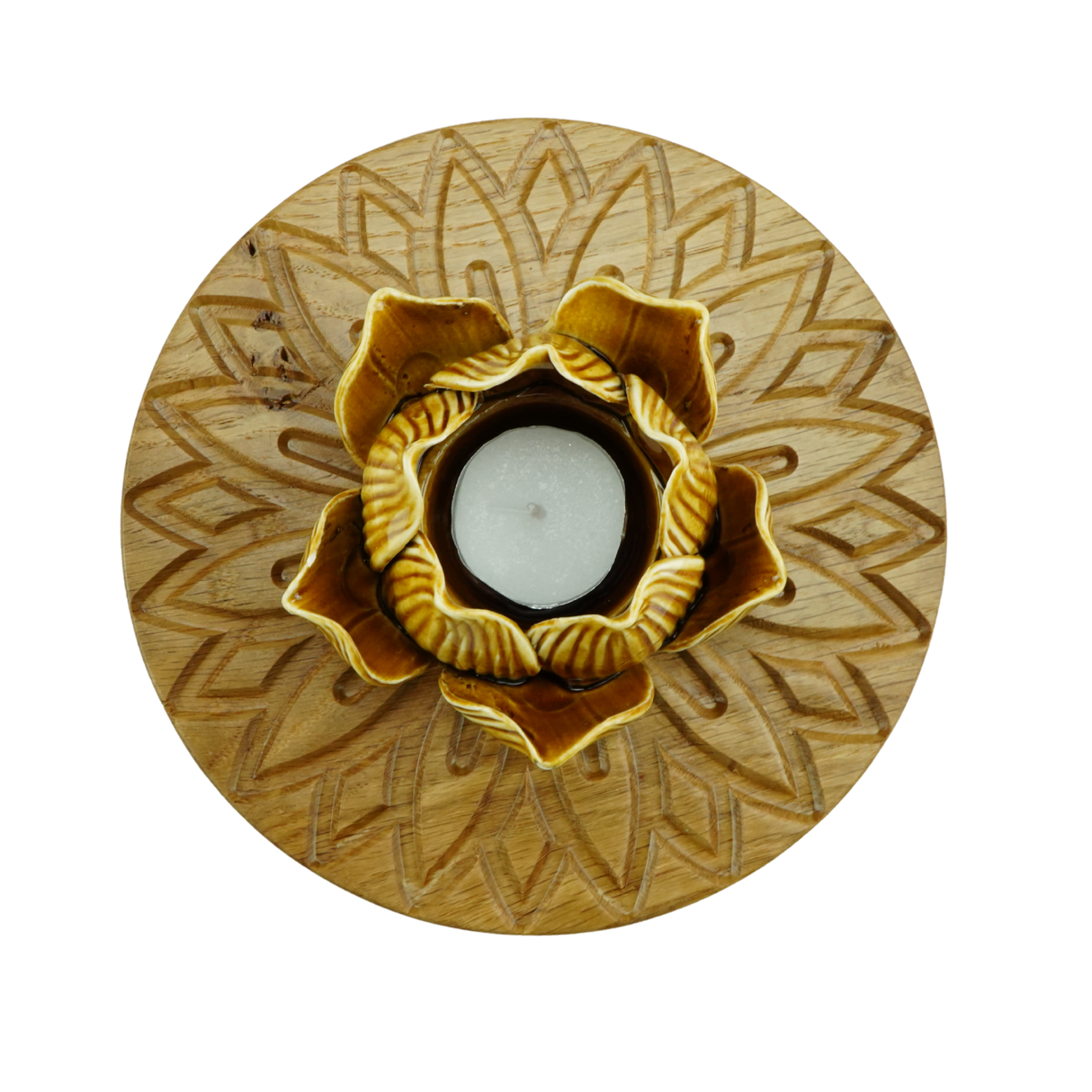 Decorative wooden candle holder with gold accents on a white background