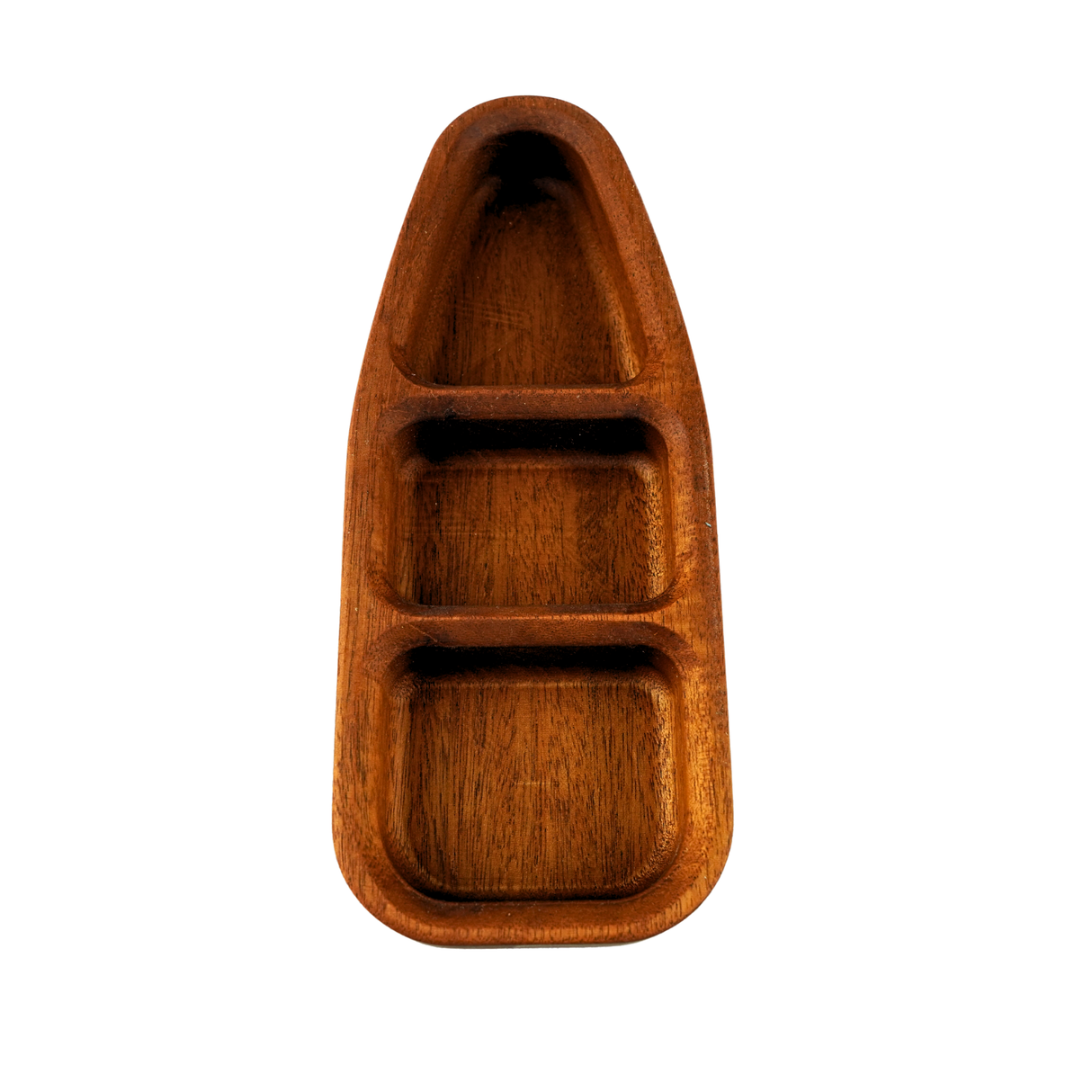 Wooden tray with three compartments on a white background