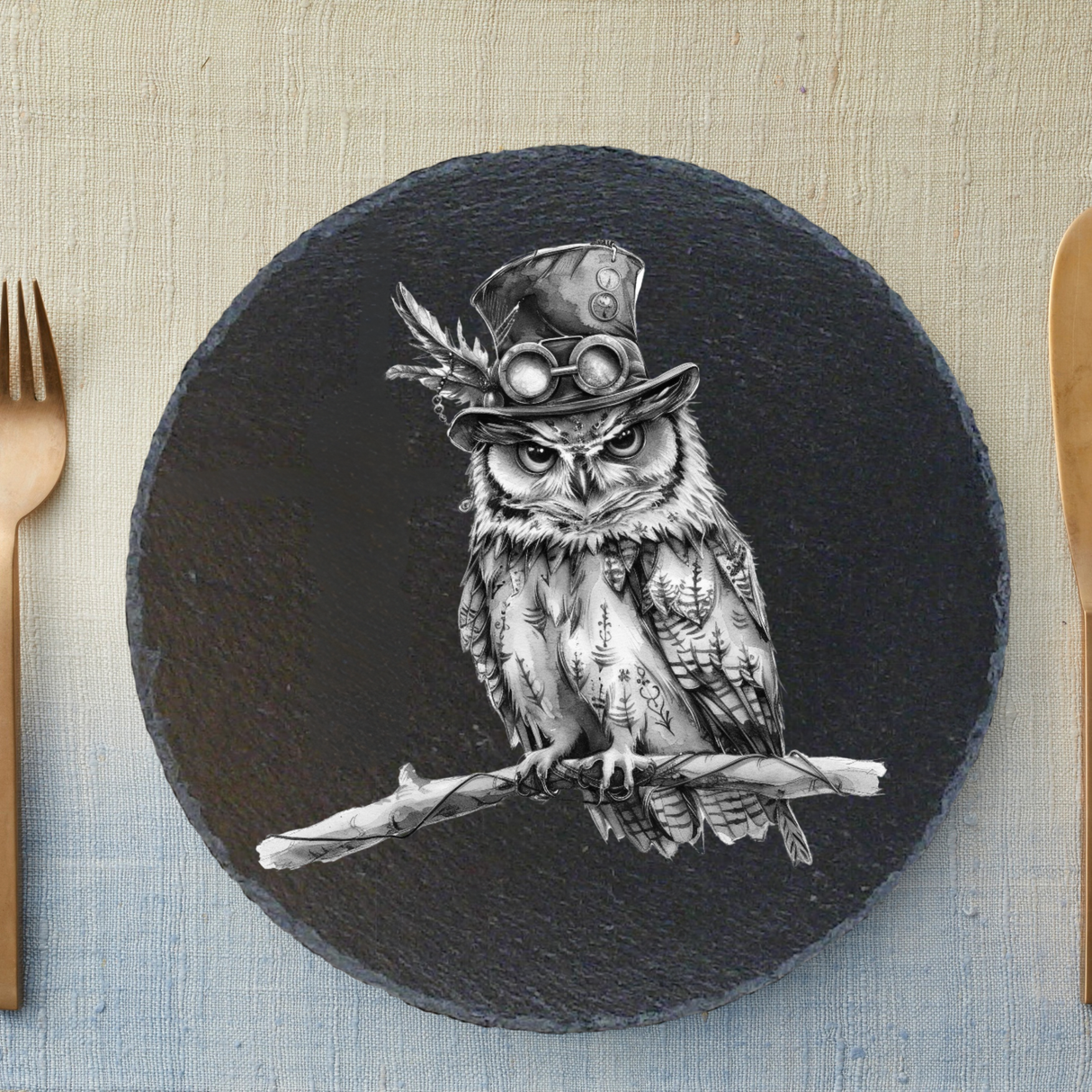 Round Natural Slate Placemat 33cm – Steampunk Owl Engraving