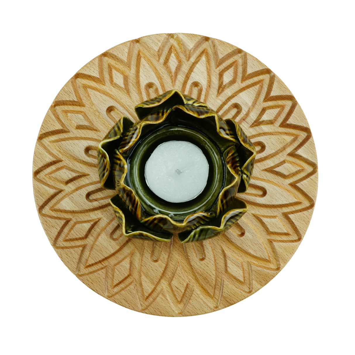 Floral Wooden Candle Holder | Flower Ceramic Tealight Sage/Brown