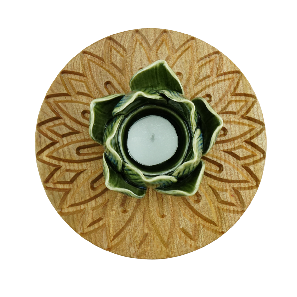 Decorative candle holder with green ceramic design on a wooden base