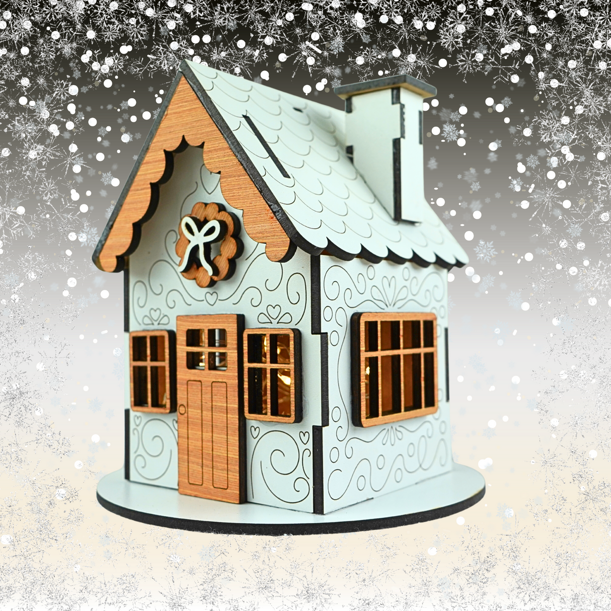 Wooden Christmas Gingerbread House for LED Candle Light - White House with Wooden detail