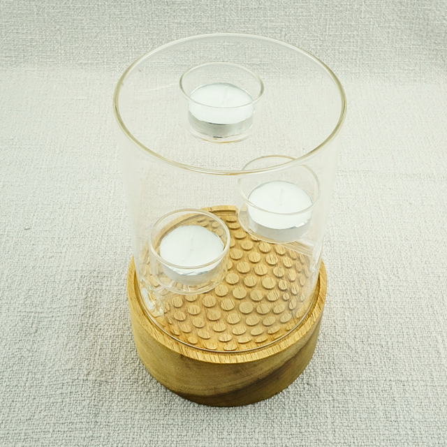 Small Pebbled Wood & Glass Candle Holder – Triple Tealight Display with Glass Cylinder