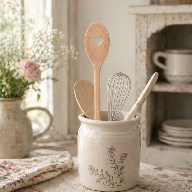 wooden spoons with heart designs on a rustic kitchen setting.