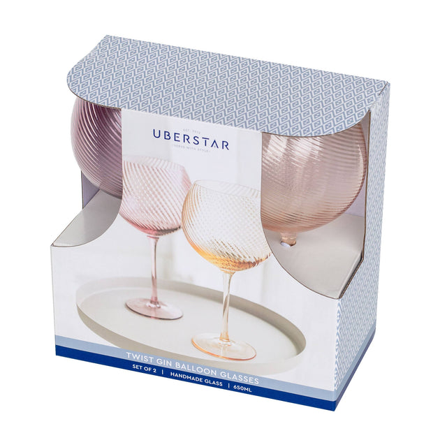 Packaging of Uberstar twist rim balloon glasses with two glasses inside.