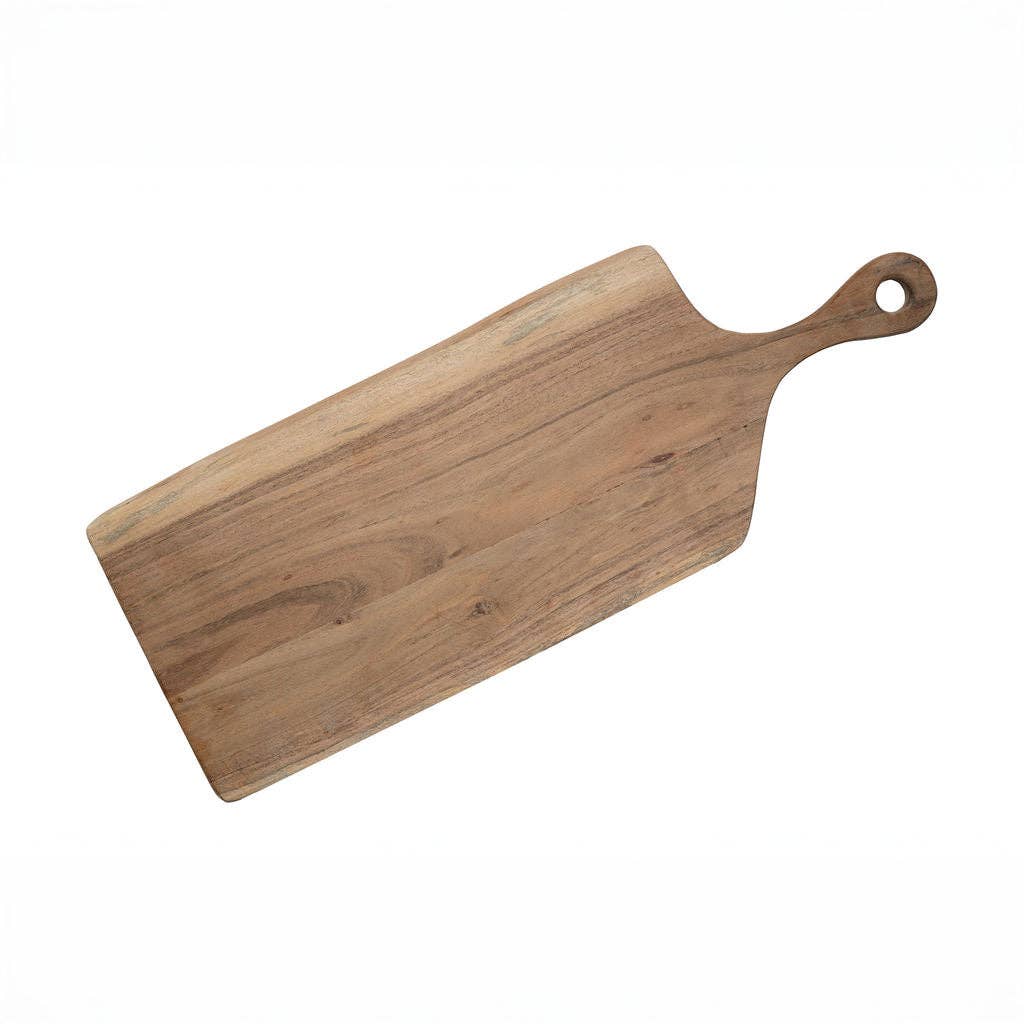 Wooden cutting board with handle on a white background