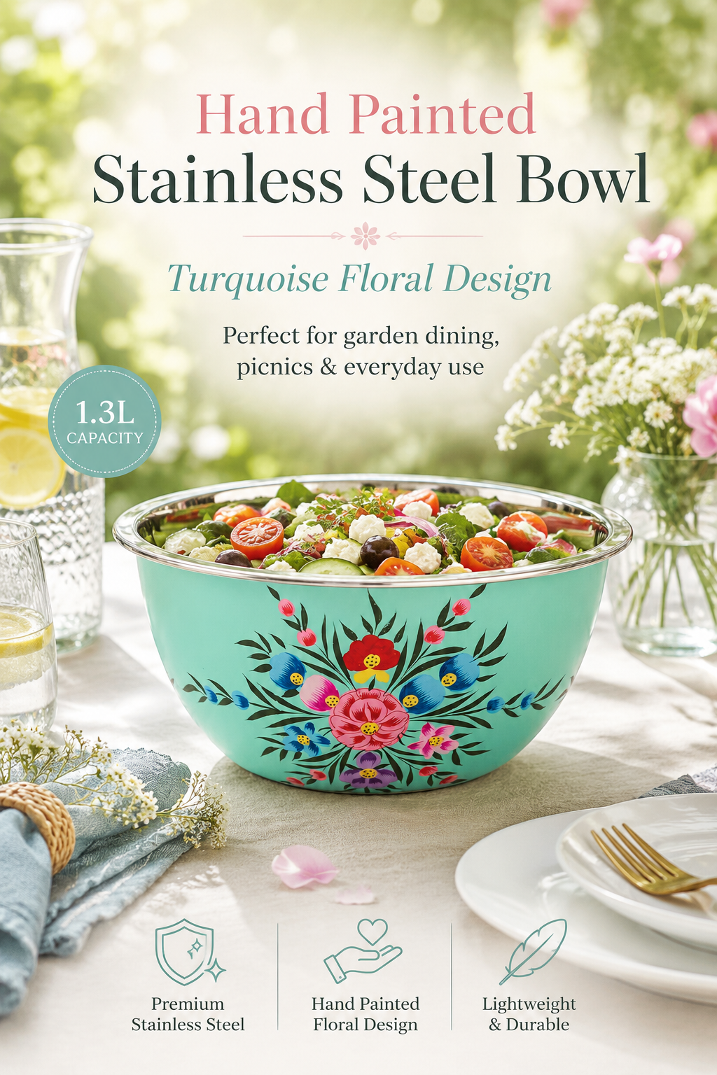 Turquoise floral design stainless steel bowl on a table with garden setting