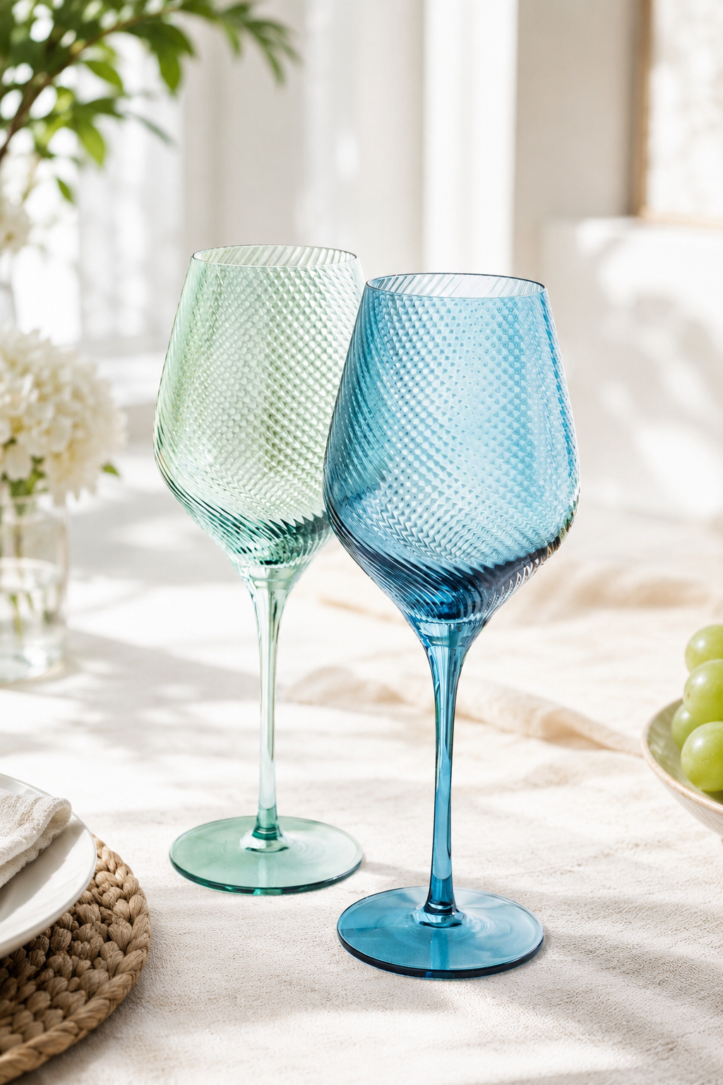 one blue and one green wine glasses on a light surface with a blurred background